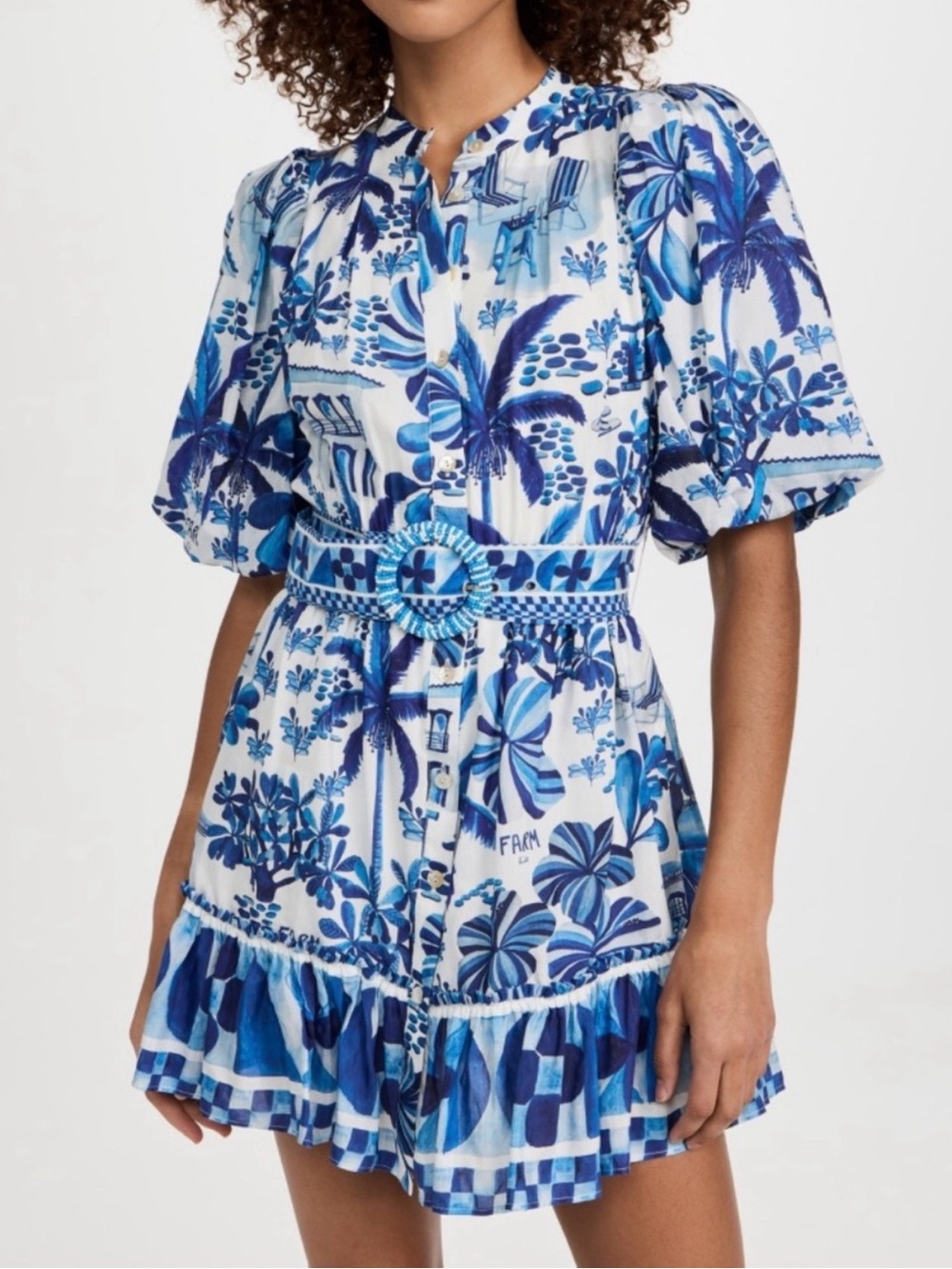 FARM Rio Blue & White Tropical Print Mini Dress with Belt